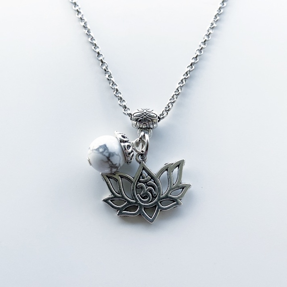🔴lotus flower necklace howlite gemstone om sign steel chain boho bead necklace - Picture 8 of 9